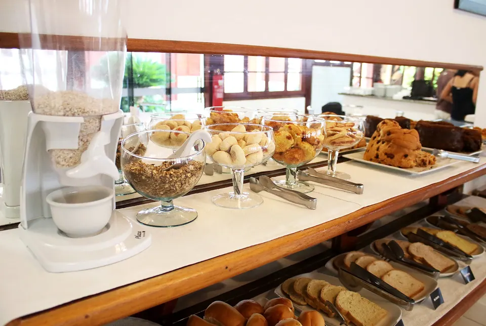 Cakes, biscuits and granola at the breakfast buffet